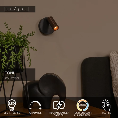 Lucide TONI - Spot mural / Applique mural Rechargeable - Batterie/Piles - Ø 8,1 cm - LED Dim. - CCT - 1x2W 2700K/4000K - Magnétique - Café - USP
